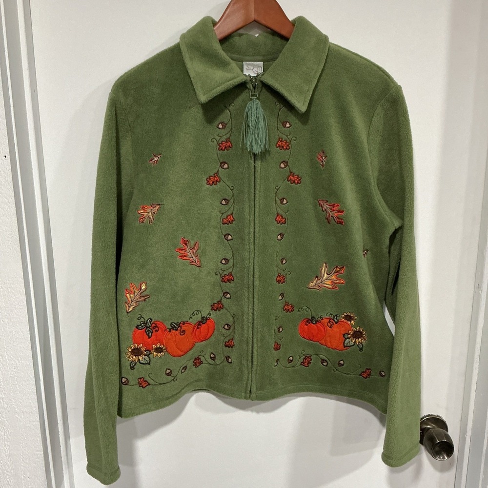 Embroidered Pumpkin Patch Fleece, Green, L, Grandma, Teacher, Autumnal Kitsch